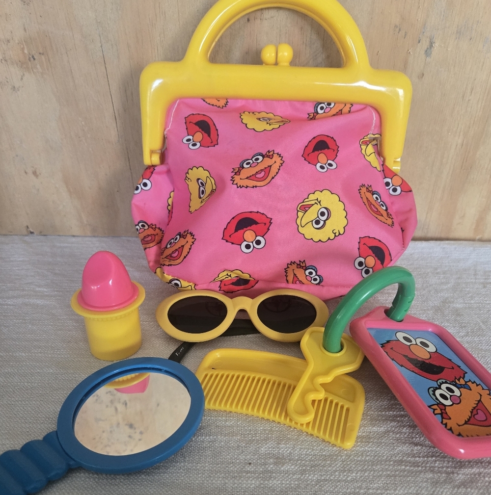 Sesame Street Elmo & Big Bird Hot Pink Toy Purse/ Bag  W/Makeup Items-Tyco